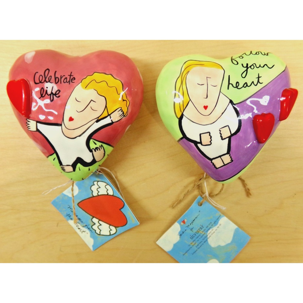 Sandra Magsamen Silvestri Hand Painted Heart Shaped Ceramic with Saying Lot of 2